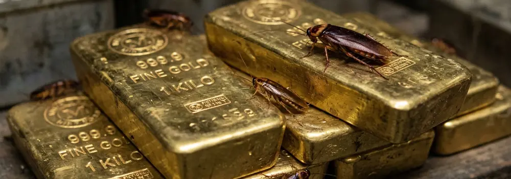 cockroaches crawling on gold bars