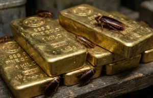 cockroaches crawling on gold bars
