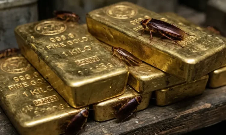 cockroaches crawling on gold bars